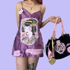 The “Purple Geisha” Upcycled Ed Hardy Satin Slip Dress By Cursed Kitty Clothing